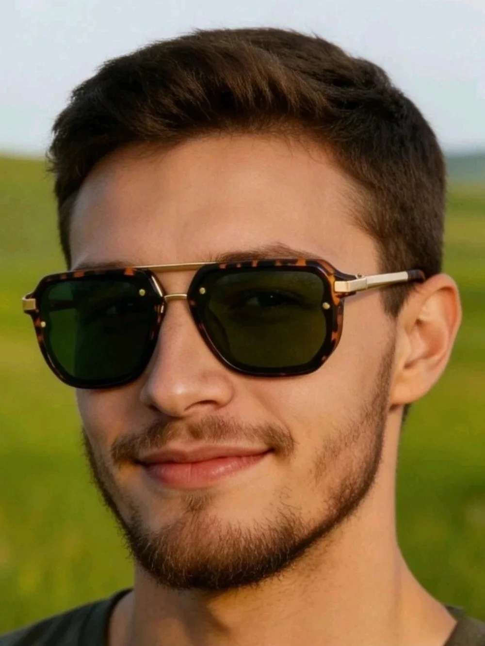 Tortoiseshell Square Frame Sunglasses with Green Lenses - Men Grooming